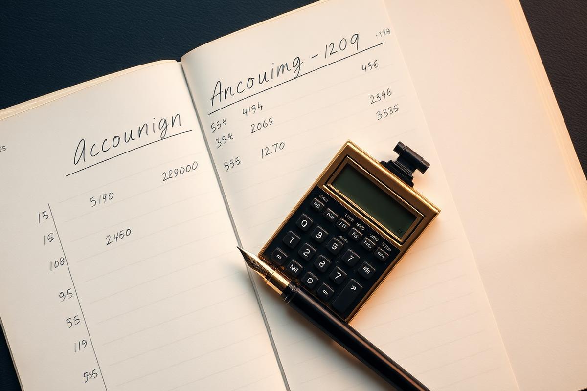 Open ledger with vintage calculator and fountain pen